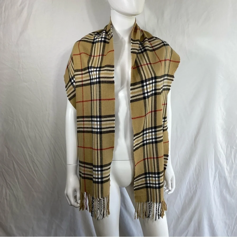 Cashmere Feel Camel New England Plaid Long Tassel Scarf